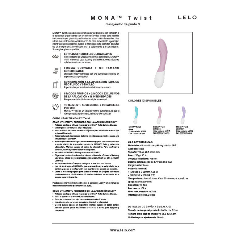 LELO MONA TWIST VIBRADOR PARA PUNTO G RECARGABLE APP CONTROL LAVANDA