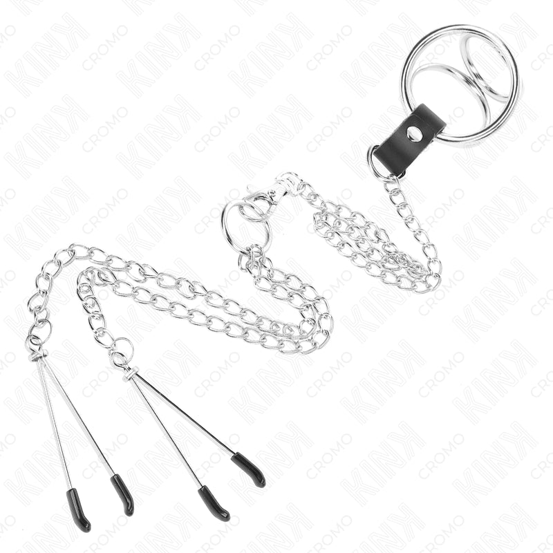 KINK ANEL DE PaNIS DE METAL TRIPLO CROMADO DE 3 CM A 45 CM COM CORRENTE DE METAL DE 26 CM E CLIPES DE MAMILO