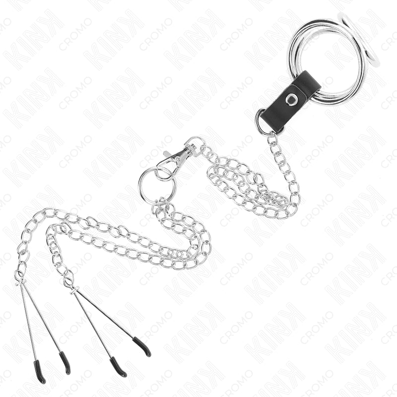 KINK ANEL DE PaNIS TRIPLO DE METAL CROMADO DE 38 CM A 5 CM COM CORRENTE DE METAL DE 26 CM E GRAMPOS DE MAMILOS MODELO 2