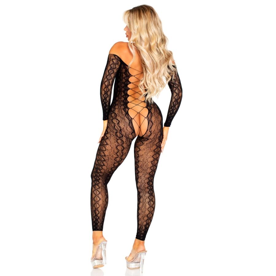 LEG AVENUE BODYSTOCKING SEM FUNDO EM RENDA DE COBRA EXoTICA PRETA