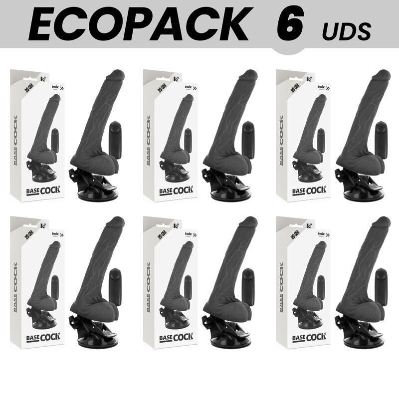 ECOPACK 6 UNIT BASECOCK VIBRADOR REALiSTICO DE CONTROLE REMOTO PRETO COM TESTiCULOS 20 CM O 4 CM
