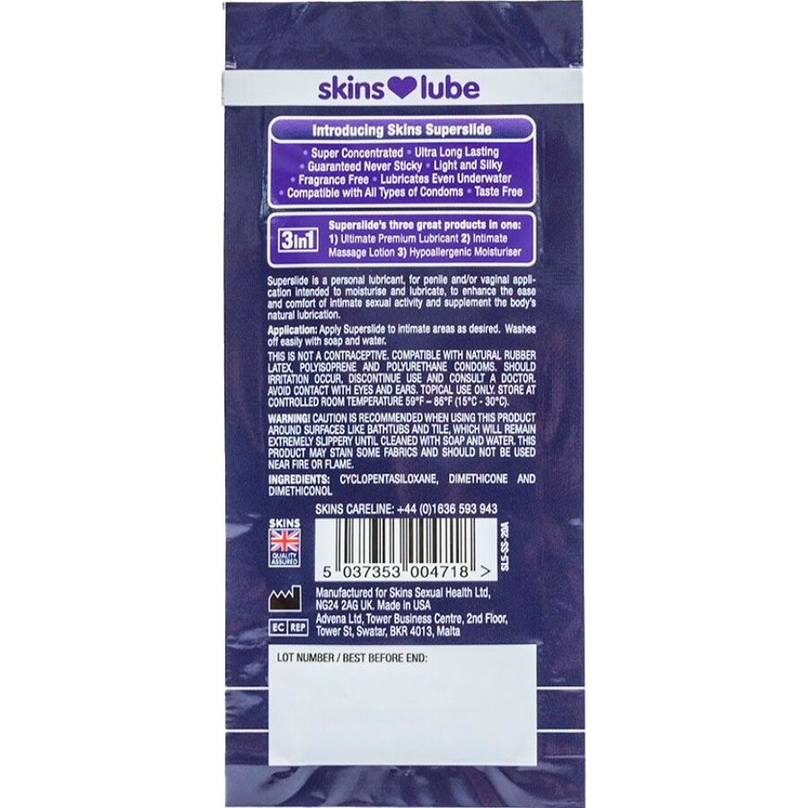 SKINS SUPERSLIDE LUBRIFICANTE a BASE DE SILICONE DOSE uNICA DE 5 ML