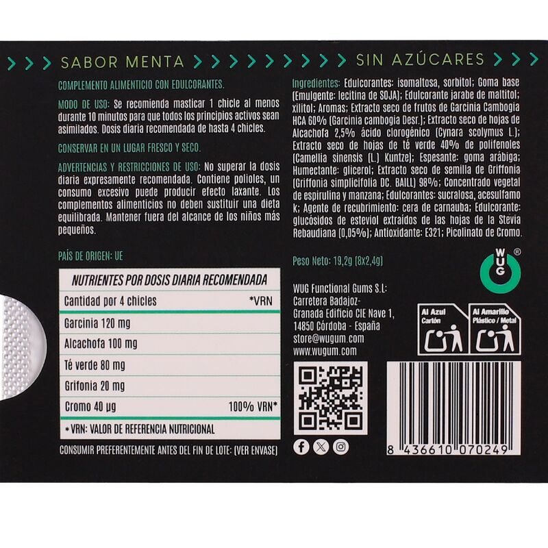 WUG DIET GOMA DE HORTELa FUNCIONAL SEM AyuCAR EM CARTELA COM 8 UNIDADES