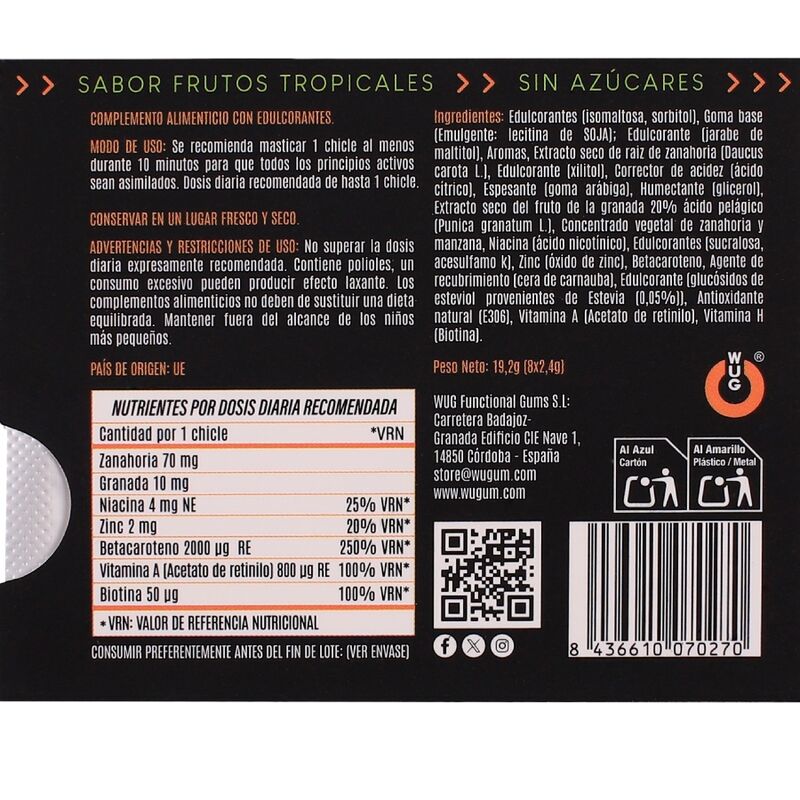 WUG SOLAR GOMA DE MASCAR FUNCIONAL COM VITAMINAS E ZINCO SABOR FRUTAS TROPICAIS EM CARTELA COM 8 UNIDADES