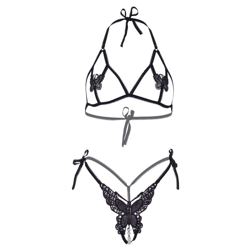 LEG AVENUE SET DOS PIEZAS SUJETADOR Y TANGA DE MARIPOSAS Y PERLAS TALLA UNICA NEGRO