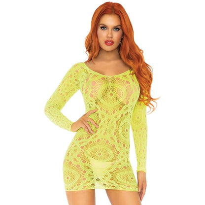 LEG AVENUE CROCHe RENDA MANGA LONGA VESTIDO NeON TAMANHO uNICO