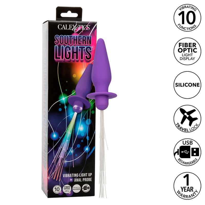 CALEXOTICS SOUTHERN LIGHTS LIGHT UP ANAL PLUG 10 VIBRAaaES SILICONE ROXO