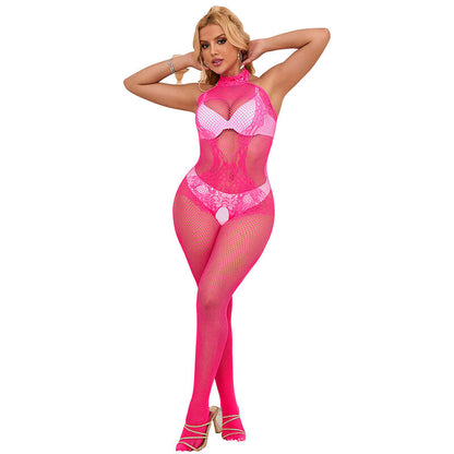 SUBBLIME 952389 BODYSTOCKING SEM FUNDO DE REDE E RENDA COM GOLA ALTA ROSA TAMANHO aNICO