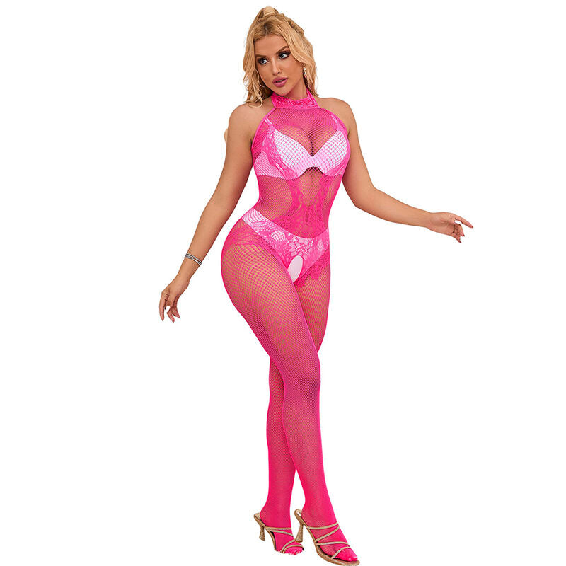 SUBBLIME 952389 BODYSTOCKING SEM FUNDO DE REDE E RENDA COM GOLA ALTA ROSA TAMANHO aNICO