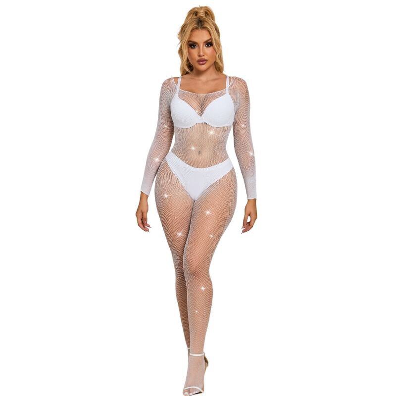 SUBBLIME 952396 BODYSTOCKING DE REDE COM DIAMANTES MANGA COMPRIDA BRANCO TAMANHO aNICO