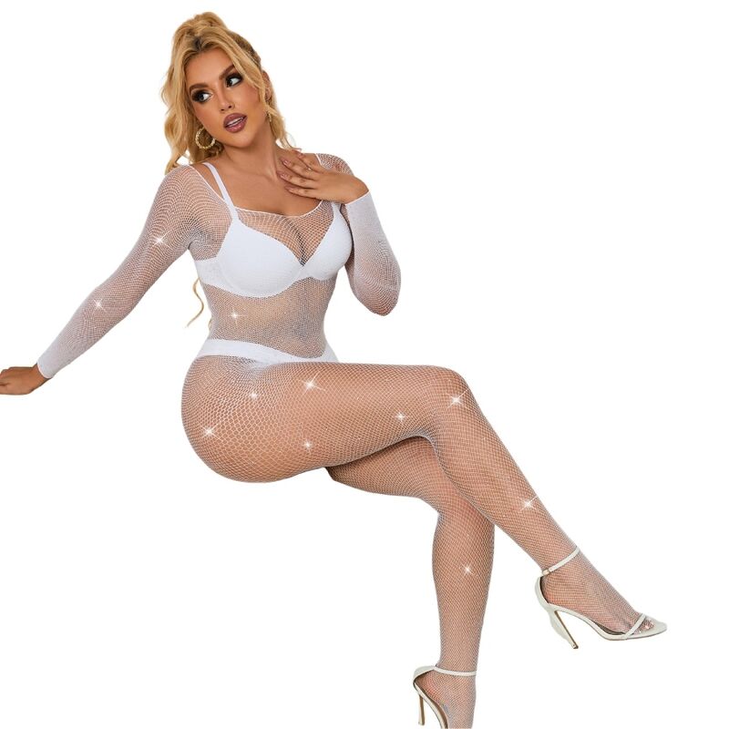 SUBBLIME 952396 BODYSTOCKING DE REDE COM DIAMANTES MANGA COMPRIDA BRANCO TAMANHO aNICO