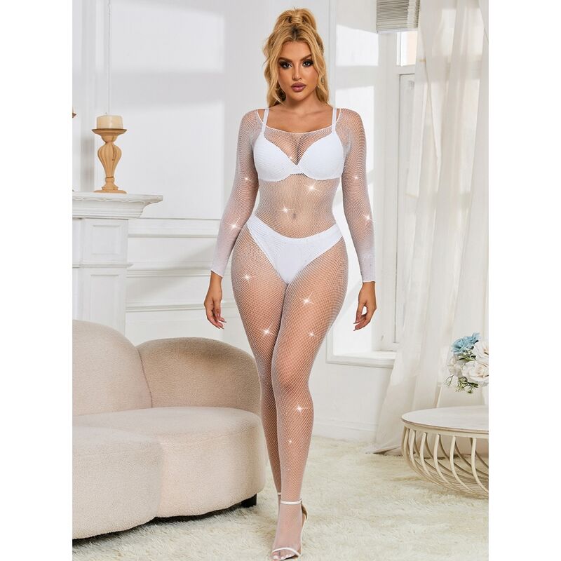 SUBBLIME 952396 BODYSTOCKING DE REDE COM DIAMANTES MANGA COMPRIDA BRANCO TAMANHO aNICO