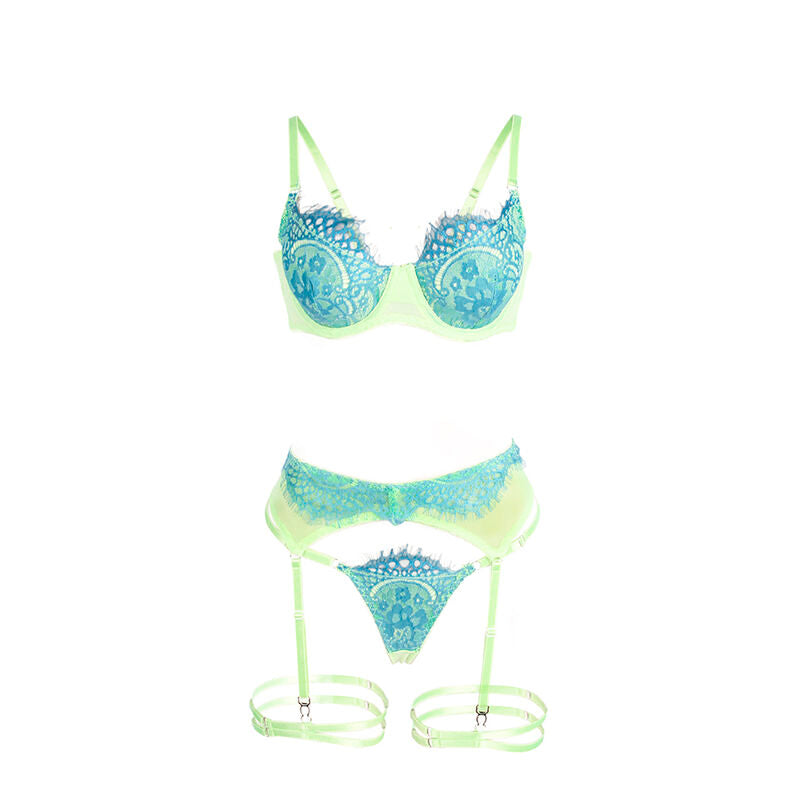 SUBBLIME 955328 CONJUNTO DE SUTIa COM RENDA E LINHAS DE LIGA VERDE E AZUL L XL