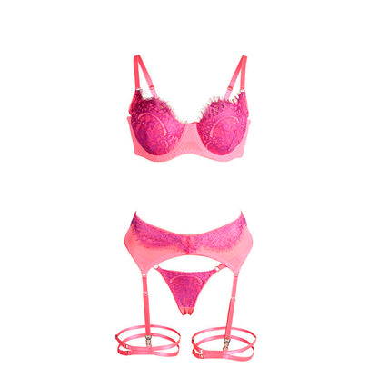 SUBBLIME 955359 CONJUNTO DE SUTIa COM RENDA E LIGAS ROSA E ROXO S M