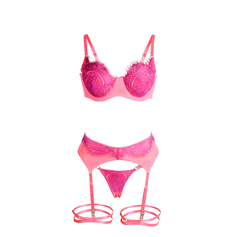 SUBBLIME 955366 CONJUNTO DE SUTIa COM RENDA E LIGAS ROSA E ROXO L XL