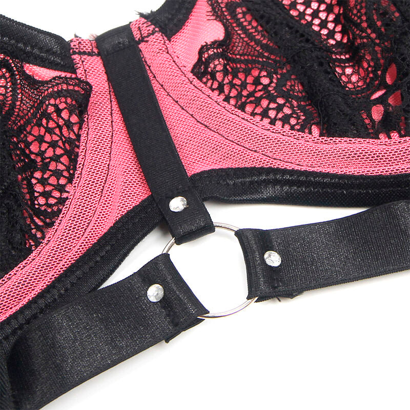 SUBBLIME 955571 CONJUNTO DE SUTIa DE COURO VERDE COM ZiPER DE MALHA ROSA P M