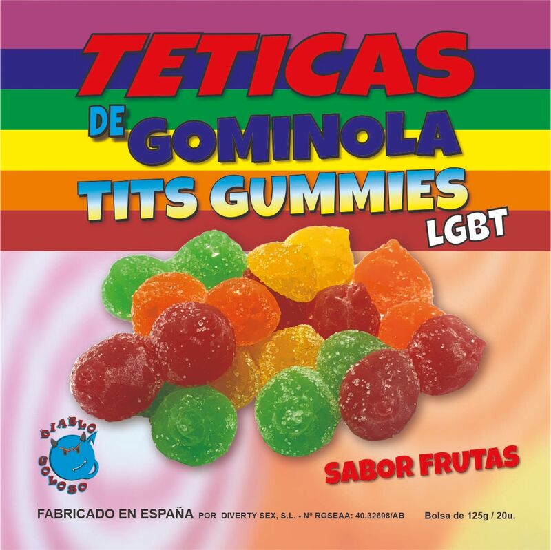 DIABLO GOLOSO CAIXA DE GOMAS COM AyuCAR PEITOS SABOR FRUTAS 6 CORES E SABORES LGBT MADE IS SPAIN es pt en fr it