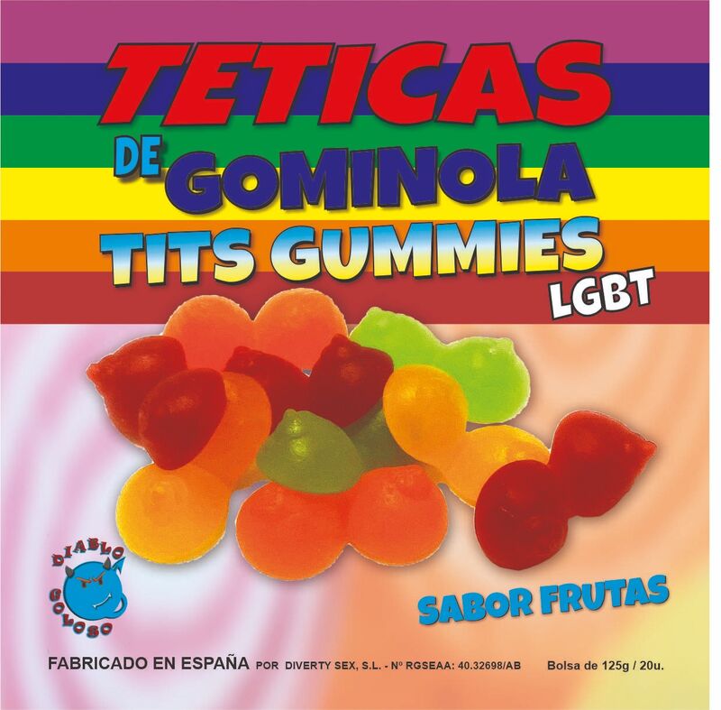 DIABLO GOLOSO FRUIT SABOR GLITTER TITS GUMMY BOX 6 CORES E SABORES LGBT MADE IS SPAIN es pt en fr it