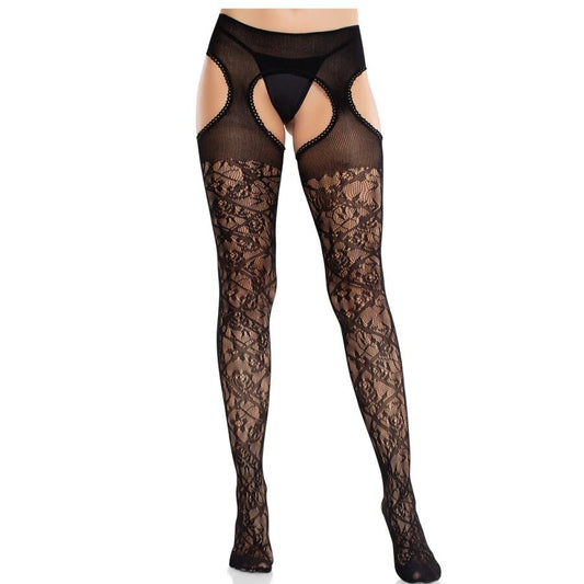 LEG AVENUE MEIAS DE RENDA FLORAL COM LIGAS UNITED BLACK
