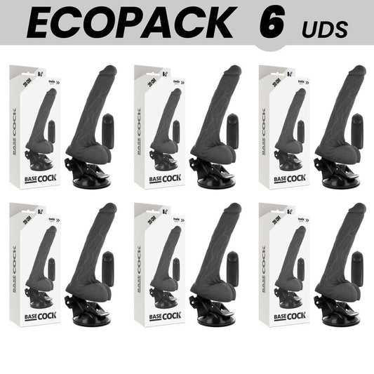 ECOPACK 6 UNIT BASECOCK VIBRADOR REALiSTICO DE CONTROLE REMOTO PRETO COM TESTiCULOS 20 CM O 4 CM