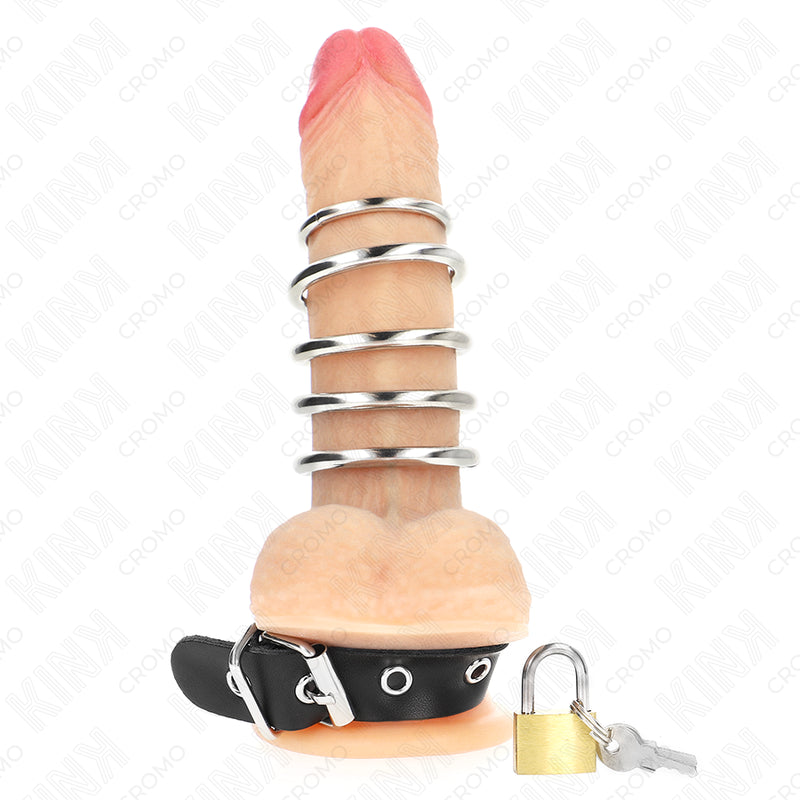 KINK ANEL DE COURO PARA O PeNIS COM TIRA DE TRAVA 21 X 2 CM E 5 ANeIS DE METAL DE 3 CM A 4 CM