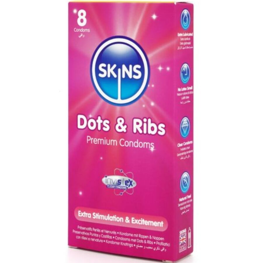 SKINS DOTS RIBS PREMIUM PRESERVATIVOS PACOTE 8