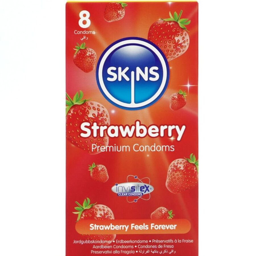 SKINS PRESERVATIVOS PREMIUM DE MORANGO PACOTE COM 8
