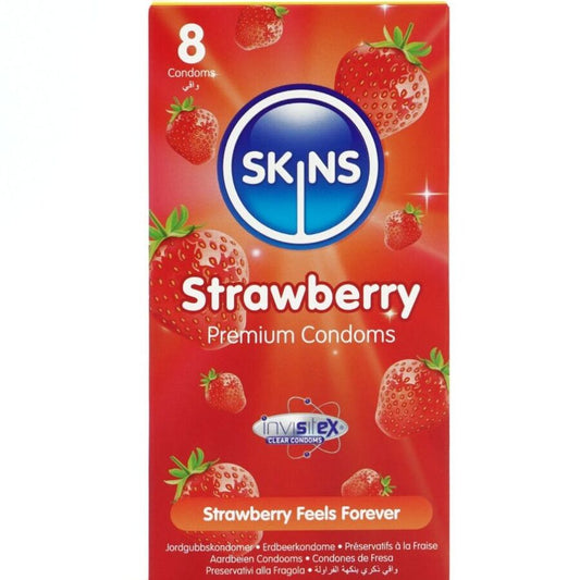 SKINS PRESERVATIVOS PREMIUM DE MORANGO PACOTE COM 8