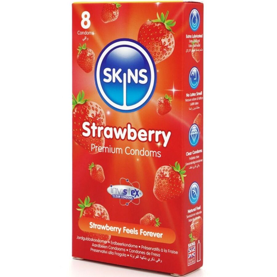 SKINS PRESERVATIVOS PREMIUM DE MORANGO PACOTE COM 8