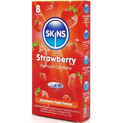 SKINS PRESERVATIVOS PREMIUM DE MORANGO PACOTE COM 8