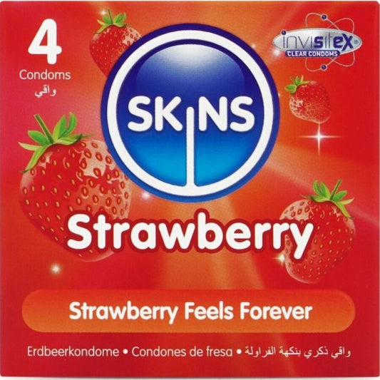 SKINS PACOTE COM 4 PRESERVATIVOS PREMIUM DE MORANGO