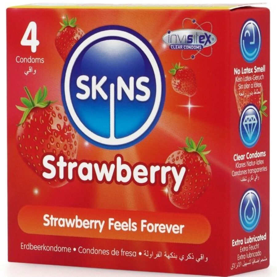 SKINS PACOTE COM 4 PRESERVATIVOS PREMIUM DE MORANGO