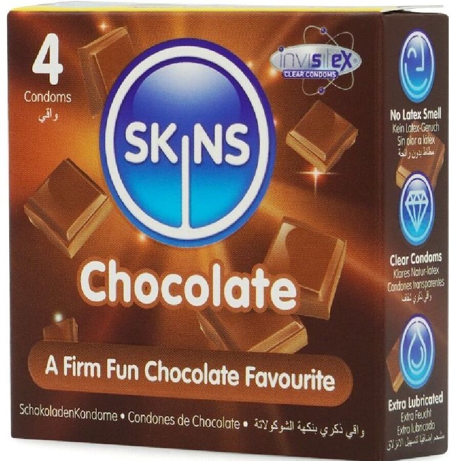 SKINS PACOTE COM 4 PRESERVATIVOS CHOCOLATE PREMIUM