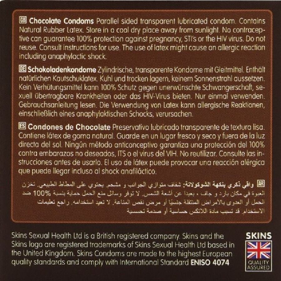 SKINS PACOTE COM 4 PRESERVATIVOS CHOCOLATE PREMIUM