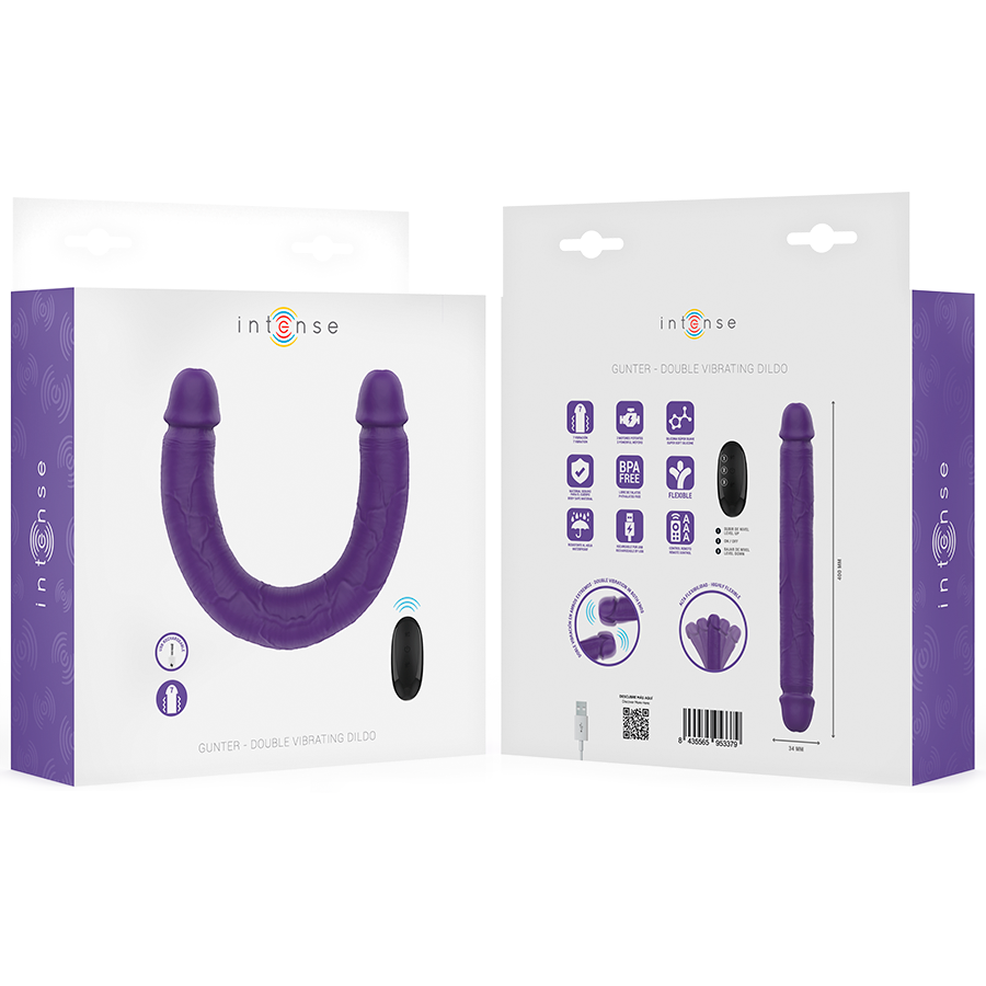 INTENSE GUNTER DILDO VIBRADOR DUPLO 40 CM ROXO CONTROLE REMOTO