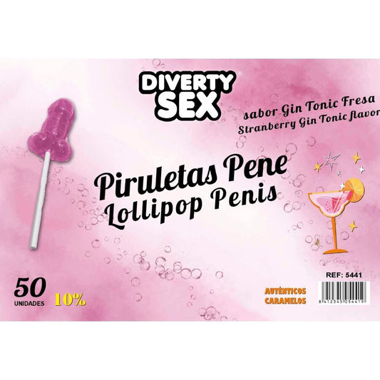 DIABLO GOLOSO 50 PIRULITOS DE PeNIS GIN ToNICA SABOR MORANGO 10 aLCOOL