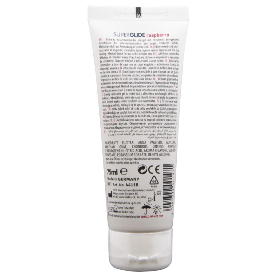 HOT SUPERGLIDE LUBRIFICANTE COMESTiVEL a BASE DE aGUA COM SABOR FRAMBOESA 75 ML