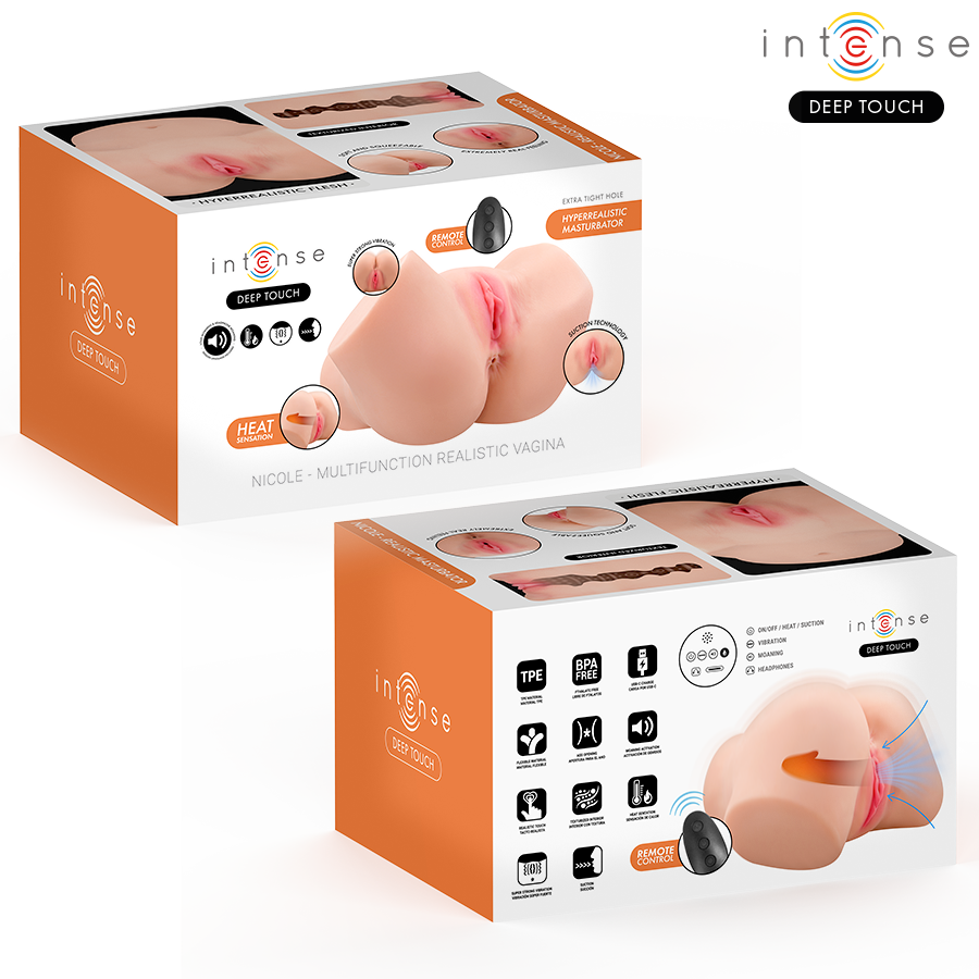 INTENSE DEEP TOUCH MASTURBADOR ANAL E VAGINAL NICOLE COM EFEITOS DE SUCyaO CALOR VIBRAyaO E VOZ COM CONTROLE REMOTO 53 KG