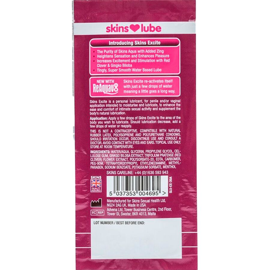 SKINS EXCITE LUBRIFICANTE a BASE DE aGUA DOSE uNICA 5 ML