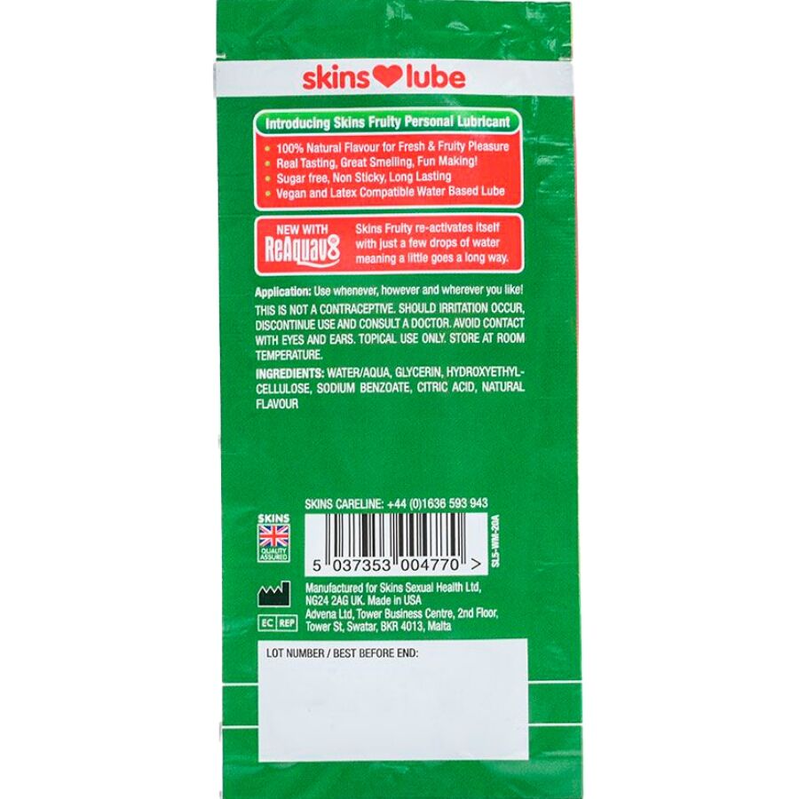 SKINS LUBRIFICANTE a BASE DE aGUA COM SABOR DE MELANCIA DOSE uNICA DE 5 ML