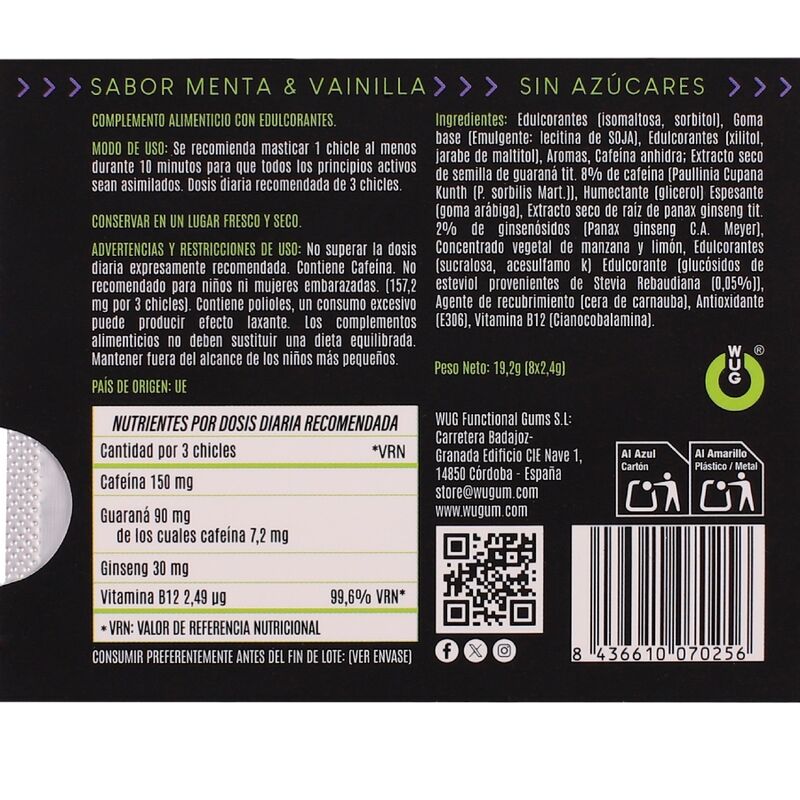 WUG ON GOMA DE GUARANA FUNCIONAL COM CAFEiNA SABOR HORTELa E BAUNILHA CARTELA COM 8 UNIDADES