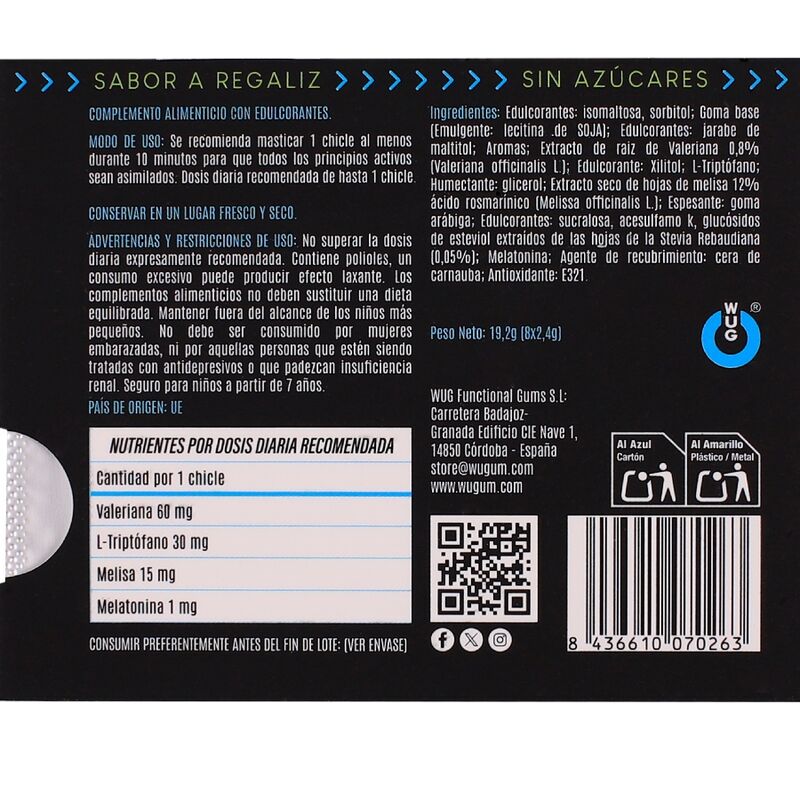WUG OFF GOMA DE MASCAR FUNCIONAL COM MELATONINA E VALERIANA SABOR ALCAyUZ CARTELA COM 8 UNIDADES