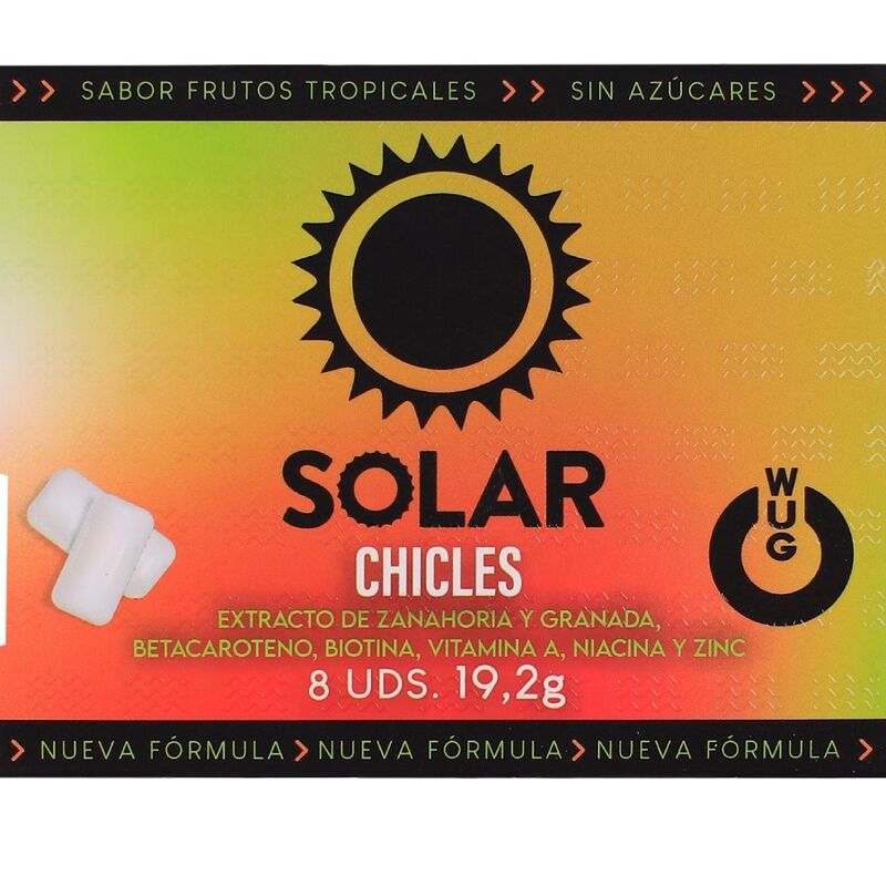 WUG SOLAR GOMA DE MASCAR FUNCIONAL COM VITAMINAS E ZINCO SABOR FRUTAS TROPICAIS EM CARTELA COM 8 UNIDADES