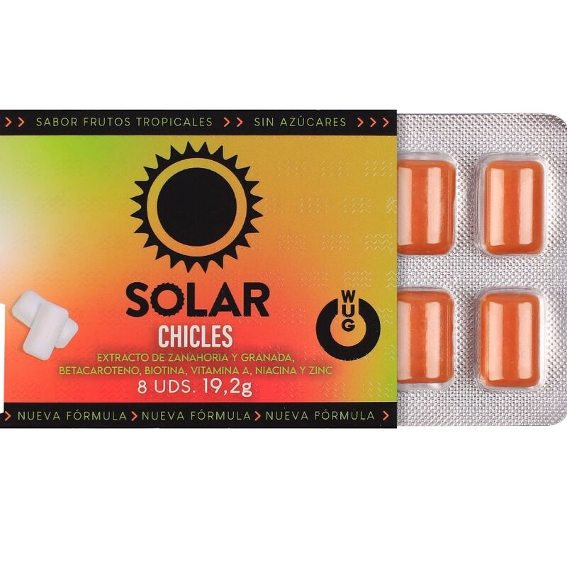 WUG SOLAR GOMA DE MASCAR FUNCIONAL COM VITAMINAS E ZINCO SABOR FRUTAS TROPICAIS EM CARTELA COM 8 UNIDADES
