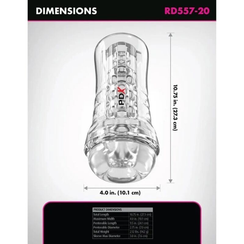 PDX ELITE VIEWTUBE PLUS STROKER TRANSPARENTE COM ADEReNCIA FaCIL E VERSaTIL 21 CM